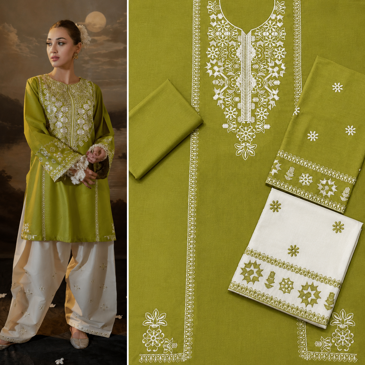 Women's Olive Green Embroidered 2-Piece Suit – Premium White Embroidered Kurta & Shalwar Set