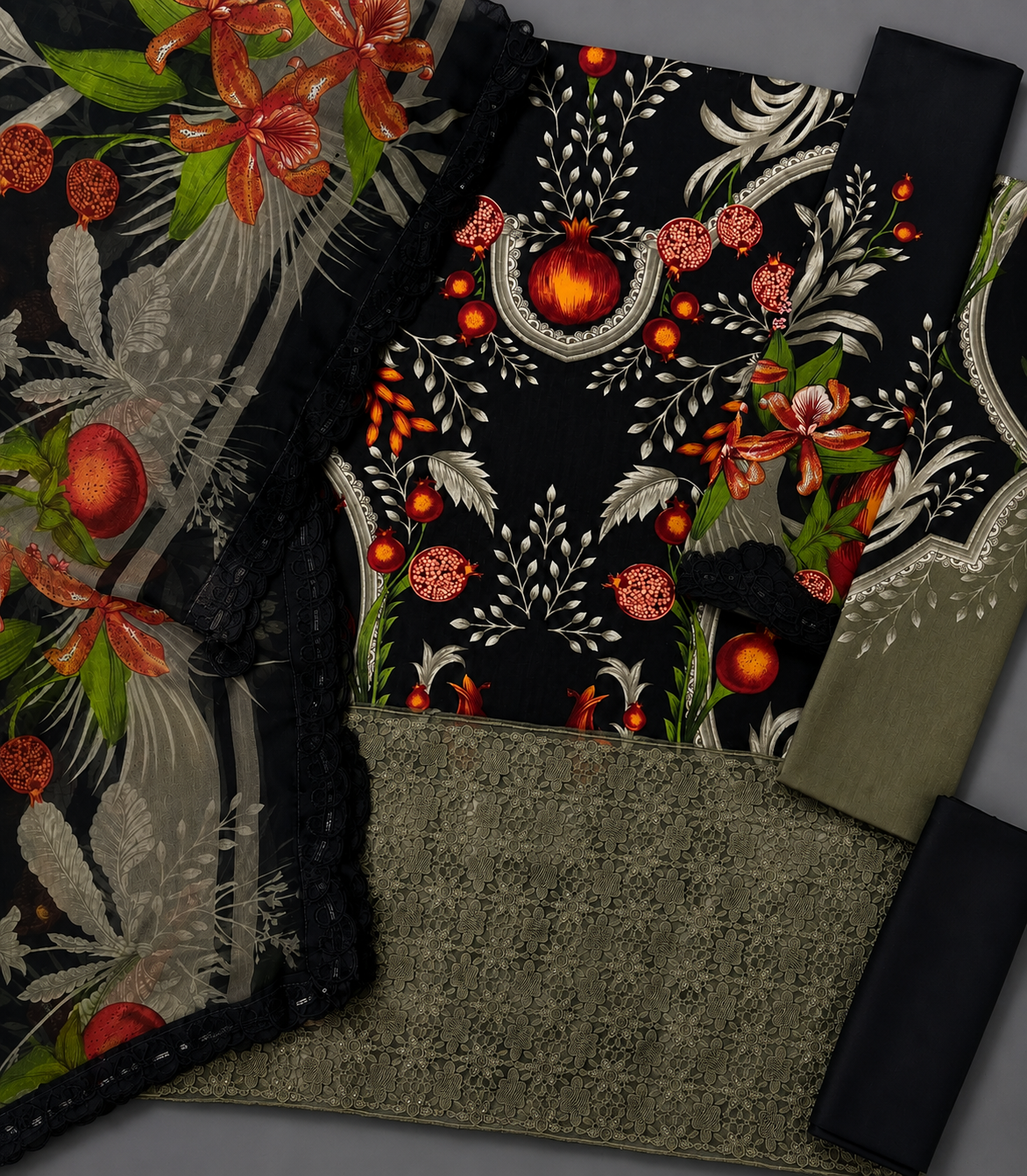 Luxury Black Floral Printed 3-Piece Lawn Suit with Embroidered Lace & Chiffon Dupatta