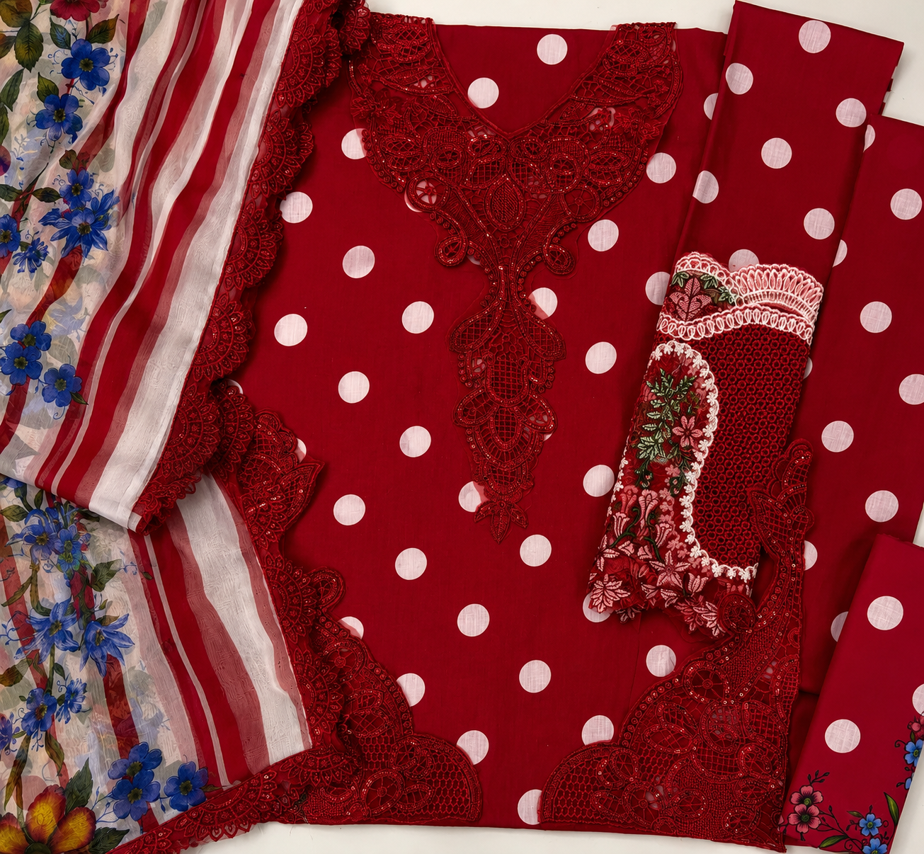 Red Polka Dot Embroidered Lawn 3-Piece Suit with Printed Chiffon Dupatta