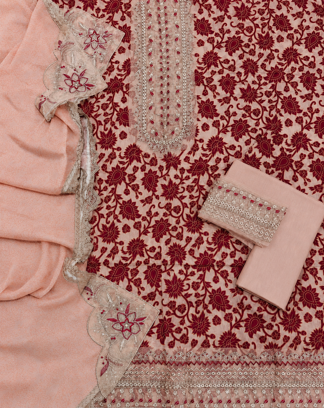 3-Piece Printed Lawn Suit with Embroidered Chiffon Dupatta & Cotton Trouser