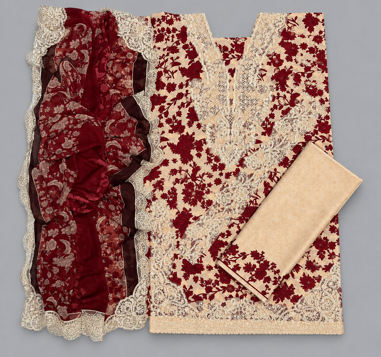 Elegant Maroon & White Floral Printed 2-Piece Suit with Embroidered Neckline and Matching Dupatta
