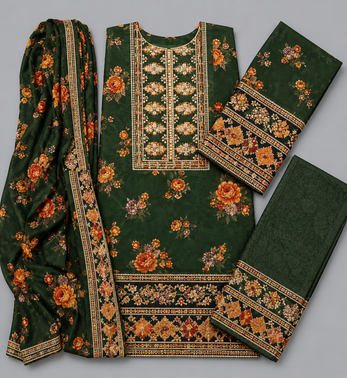 Elegant Emerald Green Floral Printed 3-Piece Lawn Suit with Matching Dupatta