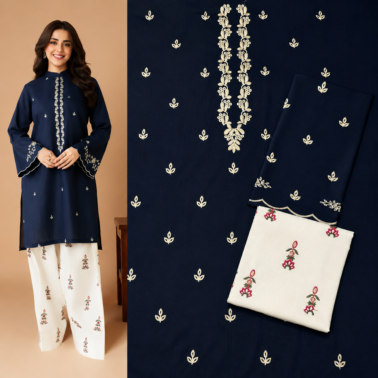Premium Navy Blue Embroidered Lawn 2-Piece Women's Suit
