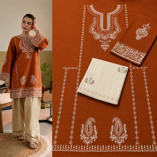 Elegant Rust Embroidered 2-Piece Women's Unstitched Lawn Suit