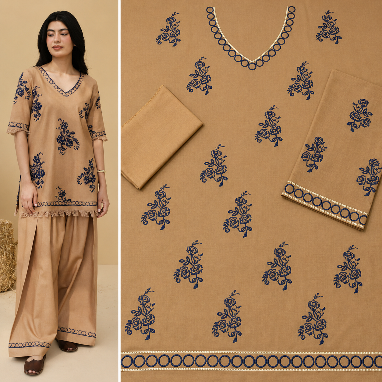 Women's Beige Embroidered 2-Piece Co-Ord Set – Floral V-Neck Kurta & Wide-Leg Trousers
