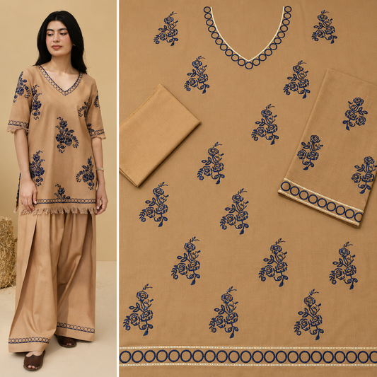 Women's Beige Embroidered 2-Piece Co-Ord Set – Floral V-Neck Kurta & Wide-Leg Trousers