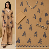 Women's Beige Embroidered 2-Piece Co-Ord Set – Floral V-Neck Kurta & Wide-Leg Trousers