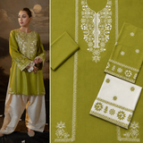 Women's Olive Green Embroidered 2-Piece Suit – Premium White Embroidered Kurta & Shalwar Set