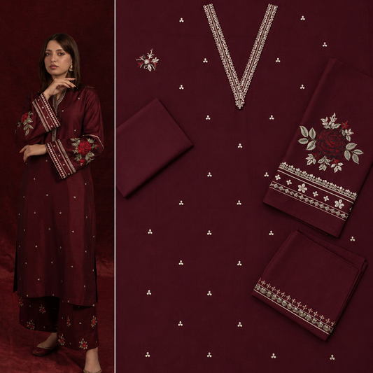 Women's Maroon Embroidered 2-Piece Suit – Premium Floral Kurta & Matching Trousers
