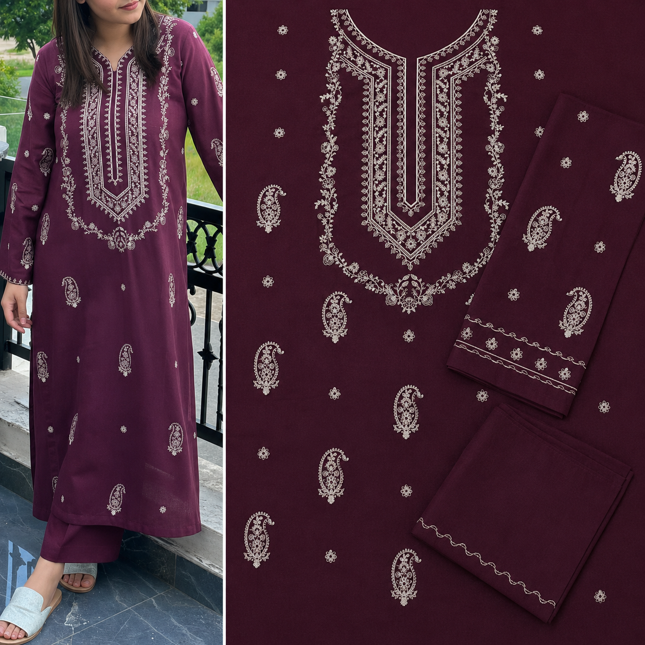 Women's Maroon Embroidered 2-Piece Suit – Premium Paisley Kurta & Matching Trousser Set