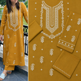 Women's Mustard Embroidered 2-Piece Suit – Premium Paisley Kurta & Matching Trouser Set