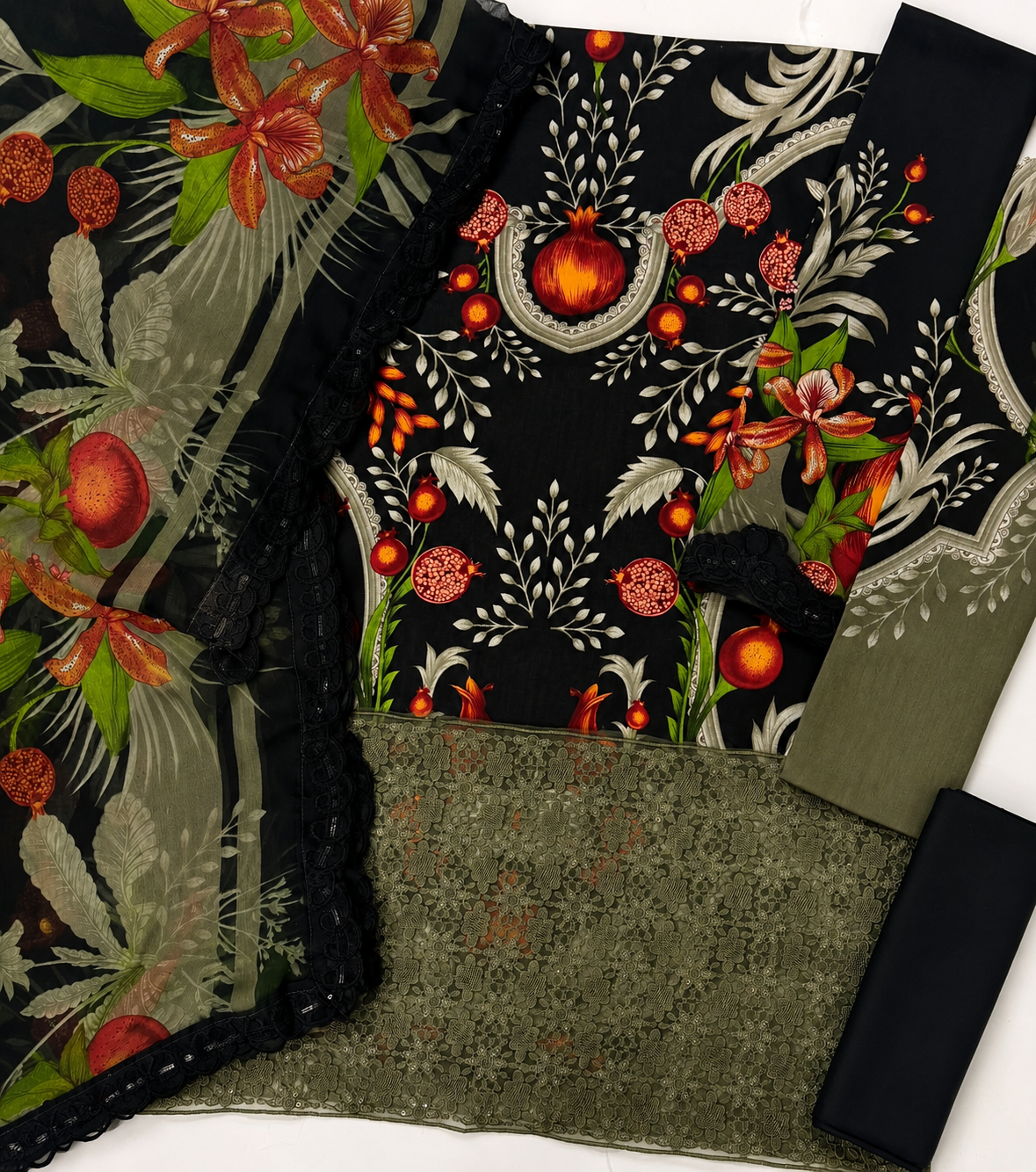Luxury Black Floral Printed 3-Piece Lawn Suit with Embroidered Lace & Chiffon Dupatta
