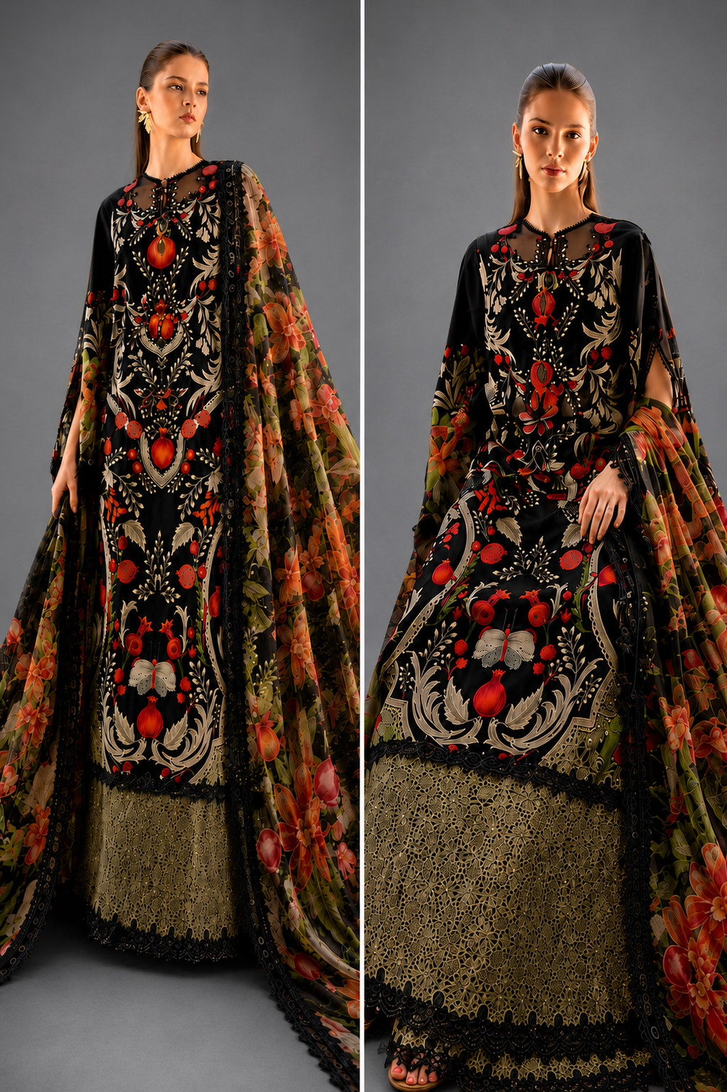 Luxury Black Floral Printed 3-Piece Lawn Suit with Embroidered Lace & Chiffon Dupatta