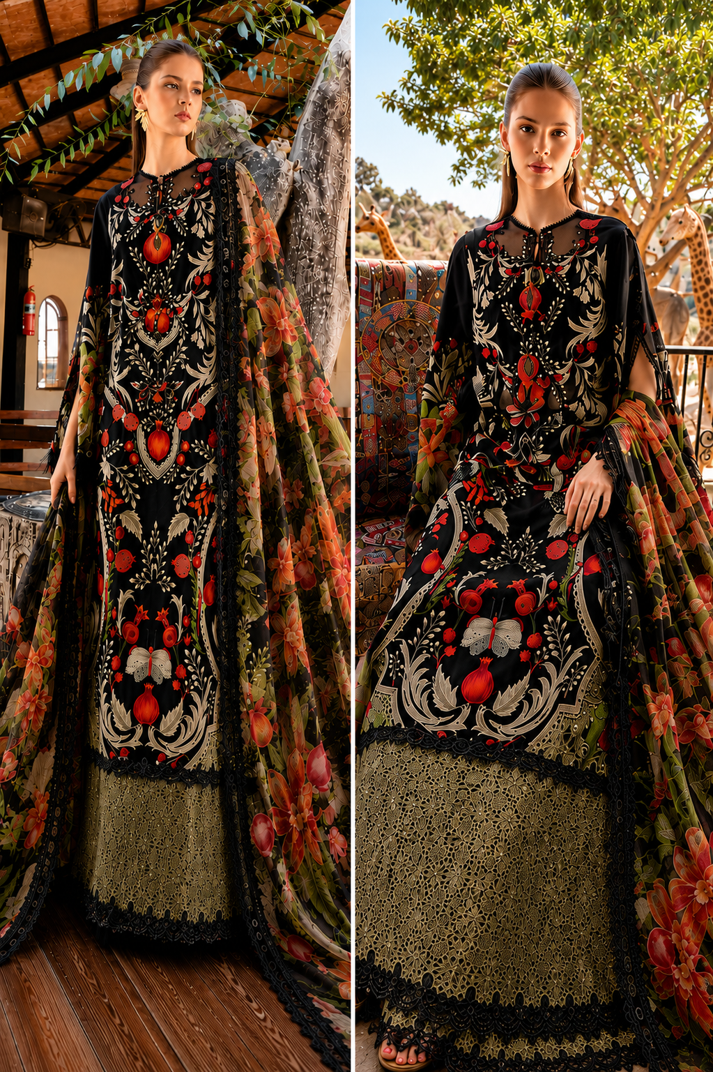 Luxury Black Floral Printed 3-Piece Lawn Suit with Embroidered Lace & Chiffon Dupatta