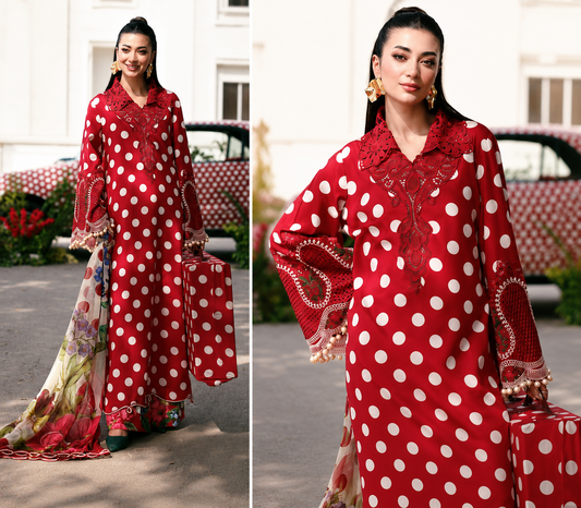 Red Polka Dot Embroidered Lawn 3-Piece Suit with Printed Chiffon Dupatta