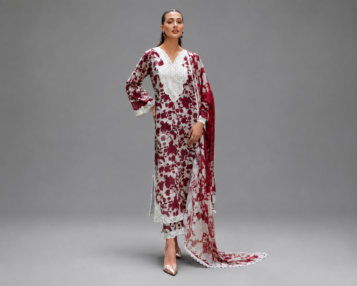 Elegant Maroon & White Floral Printed 2-Piece Suit with Embroidered Neckline and Matching Dupatta