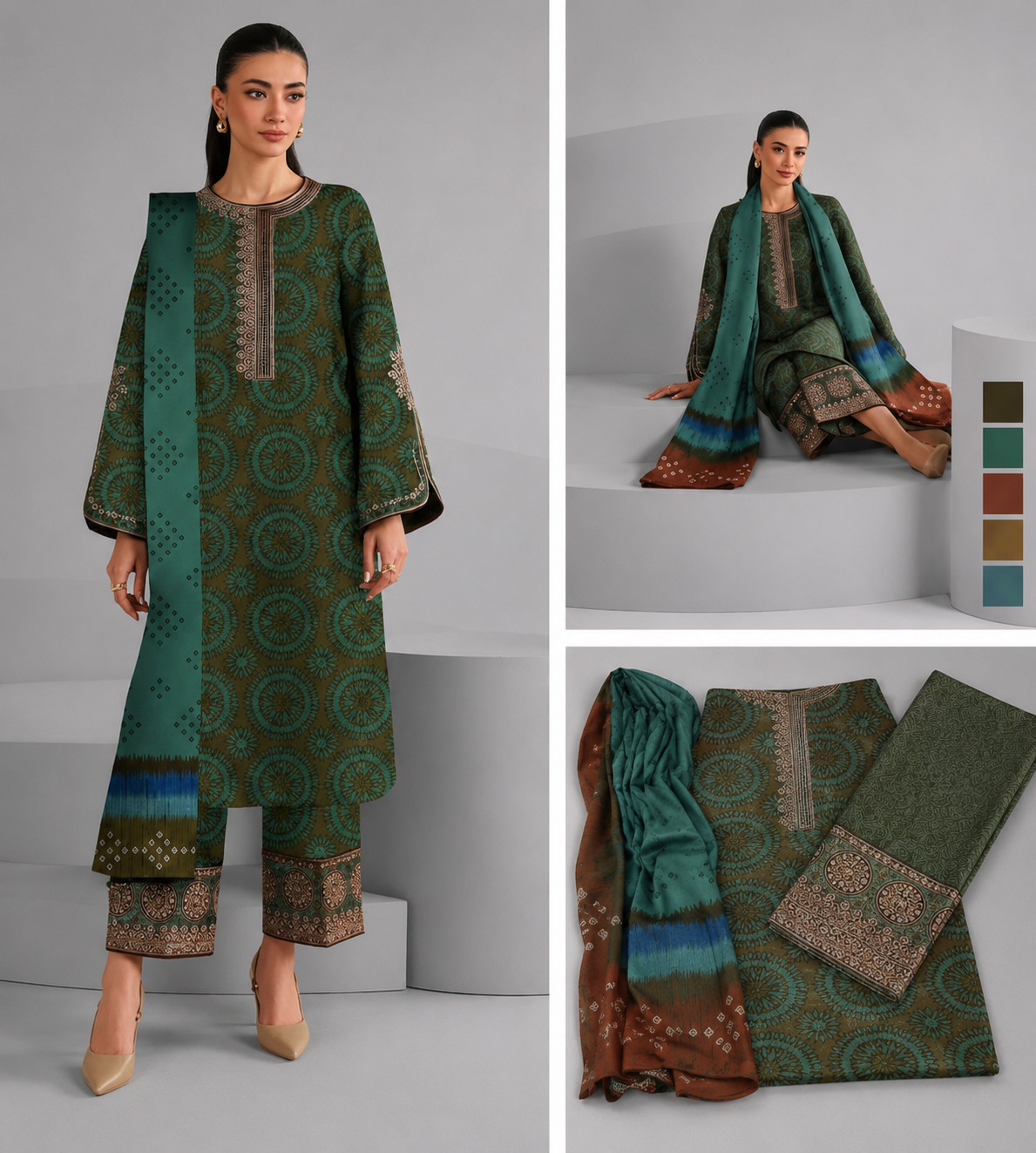 Elegant Green Printed 3-Piece Suit with Matching Dupatta | Women's Pakistani Lawn Dress