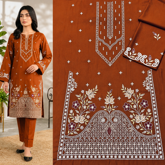 Elegant Rust Brown 2-Piece Embroidered Women's Unstitched Suit – Premium Lawn Collection