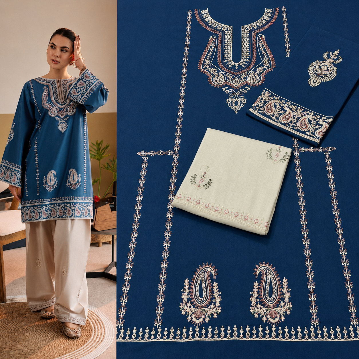 Elegant Navy Blue 2-Piece Embroidered Women's Unstitched Suit